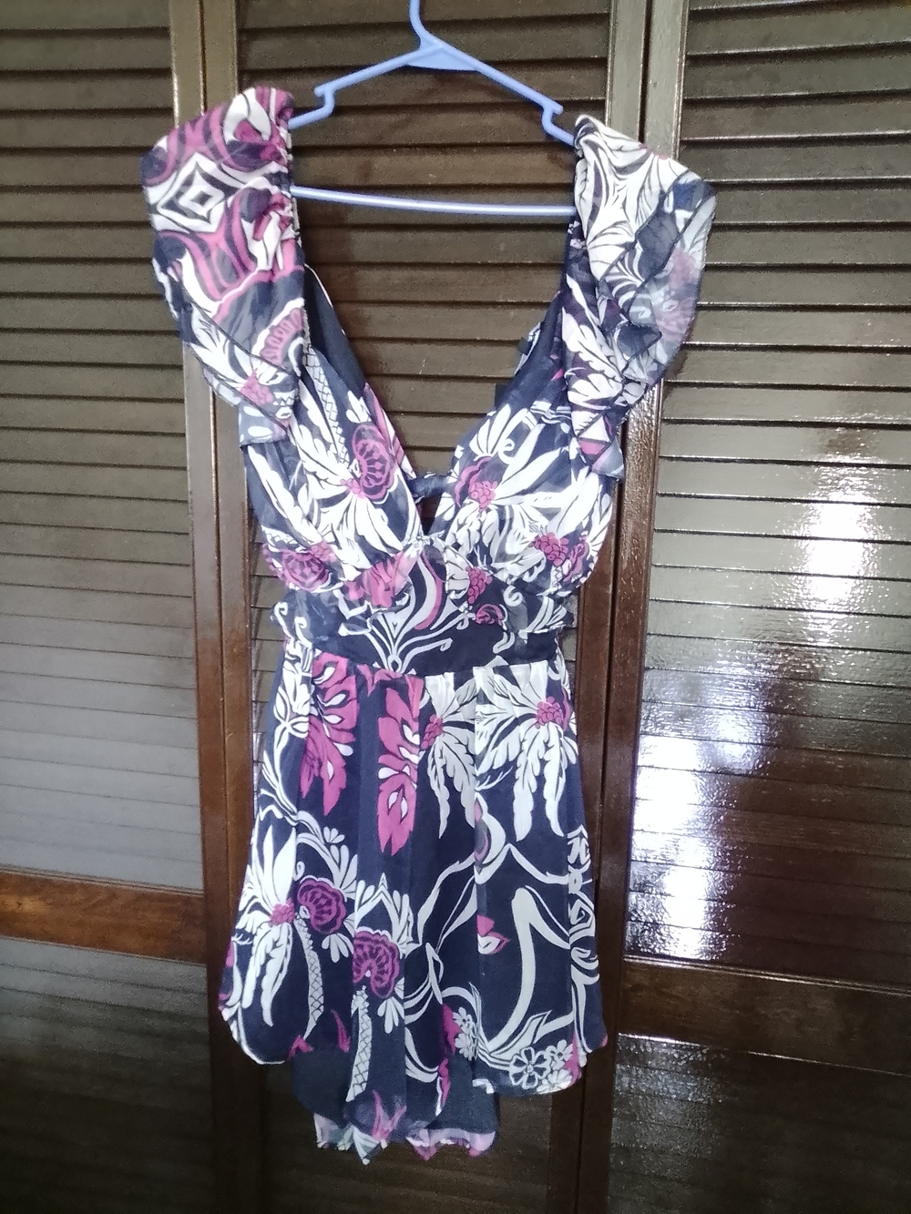 Fashion Nova V Neck Romper In Navy With Magenta And Cream Floral Print